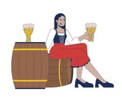 Smiling arab woman with beer sitting on cask cartoon flat illustration. Octoberfest holiday female guest 2D character isolated on white background. Traditional event scene color image vector