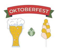 Oktoberfest beer ingredients 2D cartoon objects set. Frothy drink, hop cone and barley under logo ribbon isolated elements flat cliparts on white background. Spot illustrations collection vector