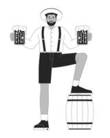 African american man leaning onto beer cask cartoon black and white line illustration. Oktoberfest holiday guest with alcohol drink 2D linear character isolated. Feast monochrome outline image vector