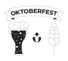 Oktoberfest beer ingredients black and white 2D line objects set. Frothy drink, hop cone and barley under logo ribbon isolated clip arts outline items collection. Monochrome spot illustrations vector