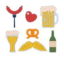 Fresh beer with snacks and ingredients 2D cartoon objects set. Oktoberfest holiday traditional attributes isolated elements flat cliparts on white background. Spot illustrations collection vector