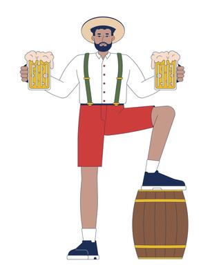 African american man leaning onto beer cask cartoon flat illustration. Oktoberfest holiday guest with alcohol drink 2D character isolated on white background. Feast scene color image