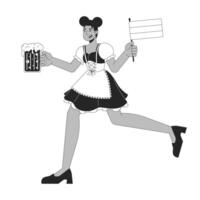 Happy black woman running with bear and flag of germany cartoon black and white line illustration. Octoberfest waitress at work 2D linear character isolated. Holiday monochrome outline image vector