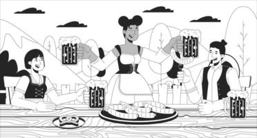 Guests enjoying beer at octoberfest black and white line illustration. Multiracial adults with drinks and food 2D characters monochrome background. Traditional feast scene storytelling image vector