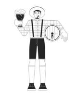 Happy caucasian man with beer cartoon black and white line illustration. Oktoberfest party european male guest 2D linear character isolated. Traditional bavarian feast monochrome outline image vector
