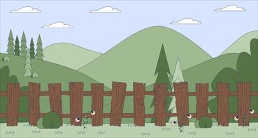 Wooden fence on field at picturesque highland flat illustration. Old board farmland barrier against green hills 2D landscape cartoon background. Rural site summer nature scene image vector