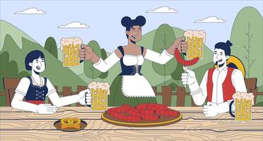 Guests enjoying beer at octoberfest flat illustration. Multiracial adults with drinks and food 2D characters cartoon background. Traditional bavarian feast scene storytelling image vector