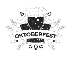 Frothy beer glasses with barley and hops for oktoberfest black and white 2D illustration concept. Alcohol feast logo cartoon objects isolated on white. Holiday metaphor monochrome art vector