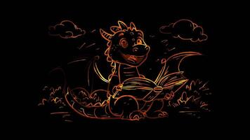 Neon frame effect,Dragon Reading a Book on black background video