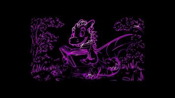 Neon frame effect,Happy Dragon Reading a Book on black background video