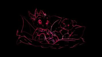 Neon frame effect,Happy Dragon Reading a Book on black background video