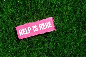 Help is here message written on ripped torn pink paper piece on green grass background. Conceptual help is here symbol. Copy space. photo