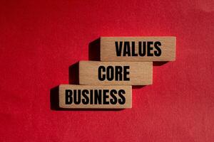 Three wooden blocks with the words values core business photo