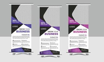 Roll up banner design with hexagon shapes artwork hexagon patterns and image. Editable vertical template set, modern standee and flag banner vector