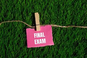 Final exam message written on ripped torn pink paper piece with green grass background. Conceptual final exam symbol. Copy space. photo