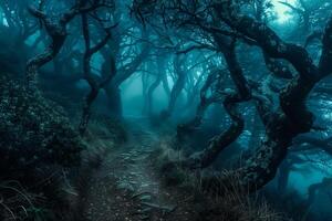A path through a forest with trees and fog photo