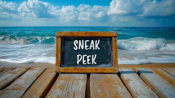 A chalkboard with the word sneak peek on it on a wooden board on the beach photo