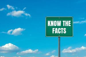 Know the facts message written on green road sign with cloudy blue sky background. Conceptual know the facts symbol. Copy space. photo