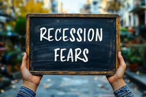 Recession fears message written on black board with street background. Conceptual recession fears symbol. Copy space. photo