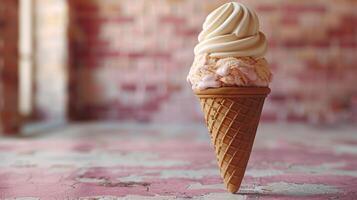 A soft serve ice cream cone with pink and white swirls sits on a painted wooden tabletop photo