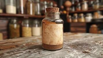A glass spice jar with a cork top sits on a wooden table photo