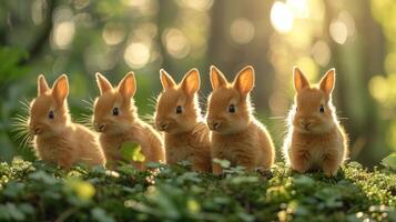 Five fluffy bunnies stand in a row, basking in the warm sunlight of a forest clearing photo