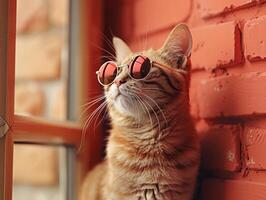 A ginger cat wearing sunglasses looks out of a window photo