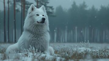 A white wolf sits in a snowy forest as snow falls around it photo