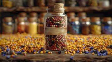 A glass jar filled with assorted peppercorns sits on a shelf with other jars of spices photo
