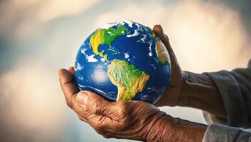 Old wrinkled hands holding planet earth, globe on the palm, eco environment, global connection, background photo