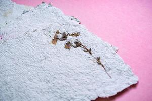 Eco trend. Sheets of recycled paper with dried roses. Secondary production. Making paper with your own hands at home. photo