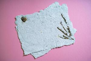 Sheets of recycled paper with dried flowers. Secondary production. Making paper with your own hands at home. photo