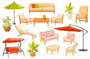 Outdoor furniture set elements in flat graphic design. Bundle objects of backyard wooden sofas with pillows, umbrella, armchairs and table, plants in pots, swing canopy and other. illustration. vector