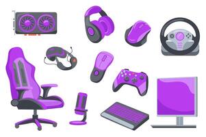 Gamer accessories set elements in flat graphic design. Bundle objects of armchair, microphone, vr headset, headphones, computer monitor, keyboard, mouse, joystick, gaming wheel. illustration. vector