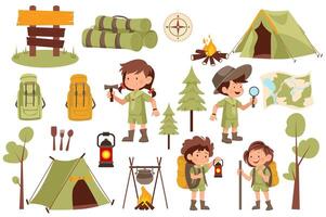 Scouts camping set elements in flat graphic design. Bundle objects of boys and girls in uniforms, tent, compass, campfire, backpacks, trees, lanterns, mats, direction pointers. illustration. vector