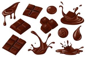 Chocolate set elements in flat graphic design. Bundle objects of sweet brown cocoa melting, chopped dark chocolate bars, candy, droplets, flowing streams, liquid cream splashes. illustration. vector
