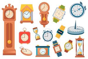 Mechanical and electronic clocks set elements in flat graphic design. Bundle objects of vintage floor clocks, electronic wall time device, hourglass, table alarms, sundial, other. illustration. vector