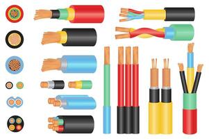 Copper cable wires set elements in flat graphic design. Bundle objects of different types and colors wiring circuit, electric cords, power supply lines, core cut structure view. illustration. vector