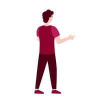 Man standing in back view in flat design. Person looking and pointing finger. illustration isolated. vector