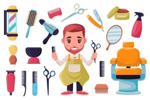 Barbershop accessories set elements in flat graphic design. Bundle objects of barber waits client, salon pole, comb, dryer, scissors, razor, mirror, chair, spray bottle, other. illustration. vector