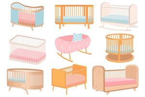 Baby cots set elements in flat graphic design. Bundle objects of cute cartoon newborn cribs and cradle, different types of child bed, pink and blue colors mattress and textile. illustration. vector