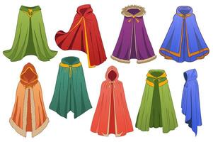 Magic cloaks set elements in flat graphic design. Bundle objects of mantle costumes with hoods and dynamic curve draperies for carnival costume of different types and colors. illustration. vector