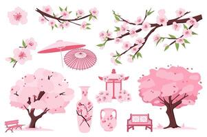 Sakura blooming set elements in flat graphic design. Bundle objects of pink cherry flowers, blossom branches, spring trees, park benches, japanese umbrella, pagoda gazebo, vases. illustration. vector