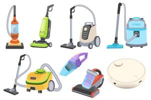 Vacuum cleaners set elements in flat graphic design. Bundle objects of appliances for cleaning and washing floor with uprights and hoses, hand car suction device, wireless robot. illustration. vector