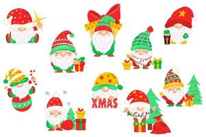 Christmas cute gnomes set elements in flat graphic design. Bundle objects of funny scandinavian traditional dwarfs with beard and hats holds star, gifts, candy, garland, other. illustration. vector