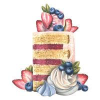 A piece of cake decorated with strawberries, blueberries, meringue and cream. Watercolor illustration. A composition from the collection of SWEETS. For the design and design of menus, recipes, cafes vector