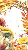 Autumn rowan leaves, maple, birch, russula mushrooms, tree branches and ladybugs. Watercolor illustrations. Blank template for text rectangular, vertical. vector