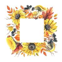 Autumn berries physalis, chokeberry, rowan leaves, maple, birch, russula mushrooms, rudbeckia flowers, tree branches and ladybugs. Watercolor illustrations. Square frame wreath isolated background vector