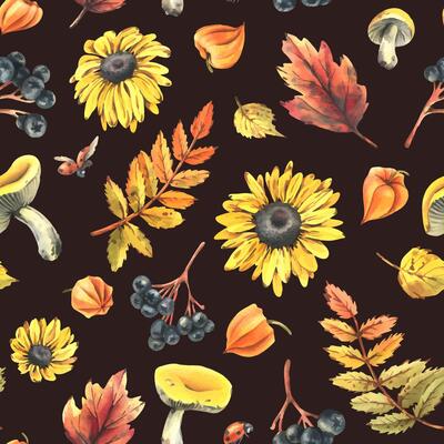 Autumn berries physalis, chokeberry, rowan leaves, maple, birch, russula mushrooms, rudbeckia flowers, tree branches and ladybugs. Watercolor illustrations. Seamless pattern on dark background