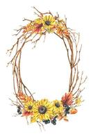 Autumn berries physalis, chokeberry, rowan leaves, maple, birch, rudbeckia flowers, tree branches and ladybugs. Watercolor illustrations. Oval frame wreath isolated from background vector